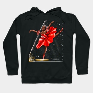 Ballet, African American ballerina in red pointe shoes, dress and crown 2 - ballerina doing pirouette in red tutu and red shoes  - brown skin ballerina Hoodie